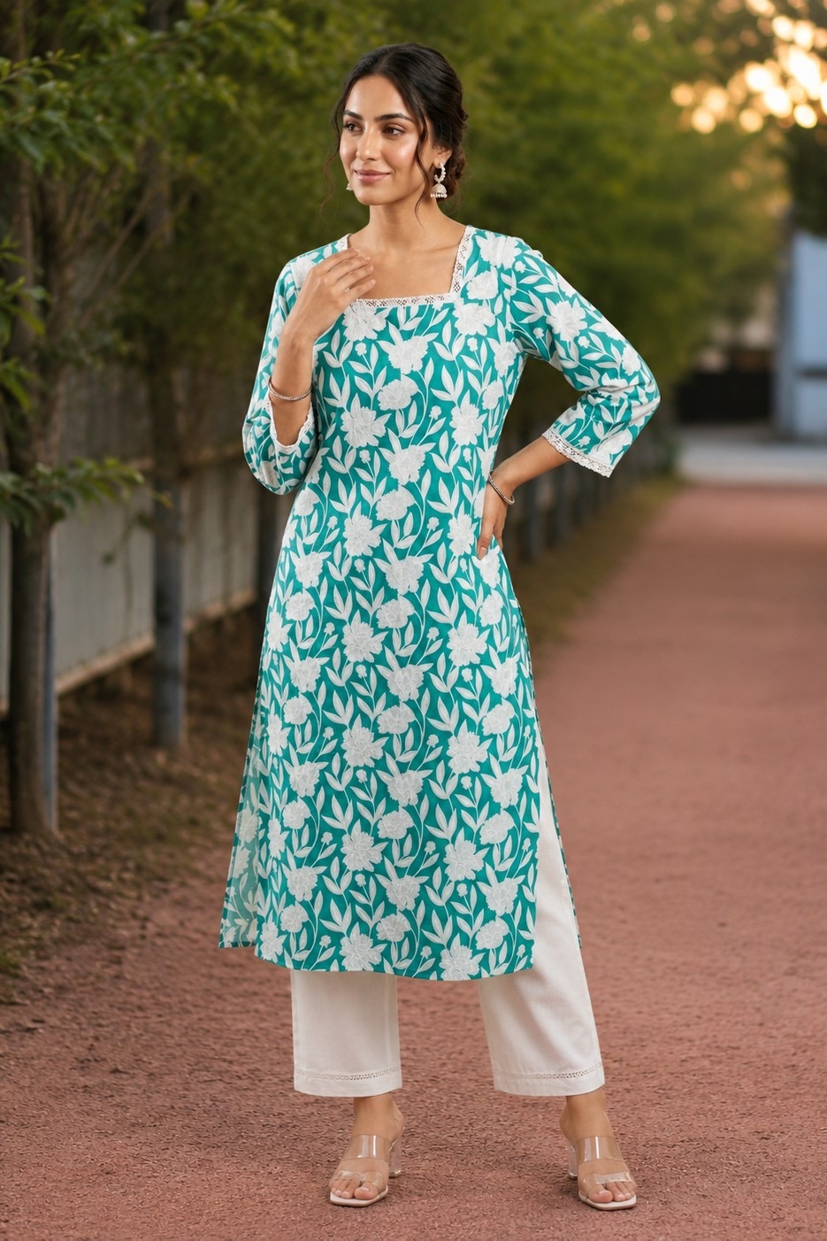 Mint Blossom Floral Kurti