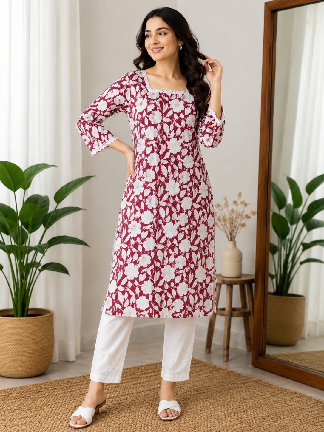 Wine Bloom Floral Kurti 