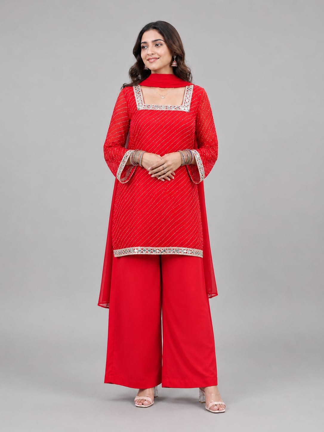 Red  Charm Straight Kurta with Palazzo & Dupatta